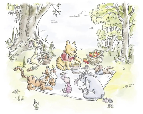 Winnie de Poeh en zijn vrienden tijdens een picknick in het bos in een aquareltekening.