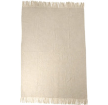 Een rechthoekige, eenkleurige deken van textiel met franjes aan de korte zijden.