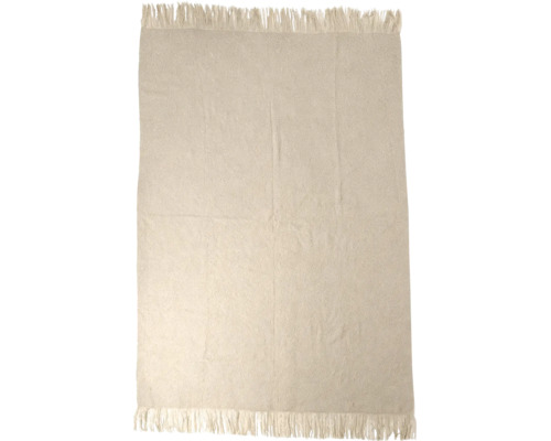 Een rechthoekige, eenkleurige deken van textiel met franjes aan de korte zijden.
