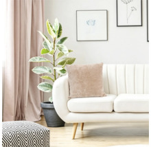 Woonkamer met modern bankstel, beige kussen, kamerplant en geometrische poef in een licht en gezellig interieur.
