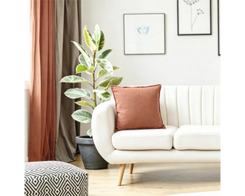 Een lichte woonkamer met een witte bank, een decoratief kussen in roestbruin, een kamerplant in een pot en een poef met geometrisch patroon.