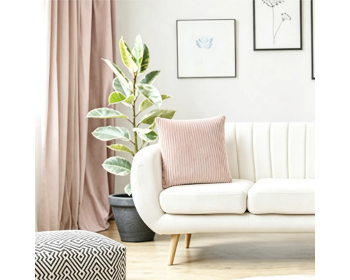 Moderne woonkamer met een witte bank, kussen met ribbelstructuur, kamerplant en gordijnen in een licht interieur.