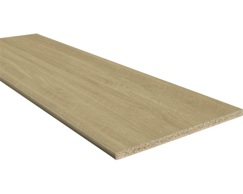 Gecoate spaanplaat met eikenlook decor voor gebruik als meubelpaneel of plank.