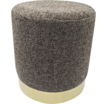 Ronde gestoffeerde poef met een geweven stoffen bekleding en een gladde sokkel.