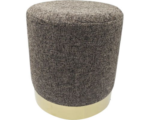 Ronde gestoffeerde poef met een geweven stoffen bekleding en een gladde sokkel.