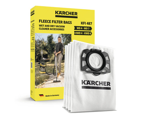 Kärcher vliesfilterzakken KFI 487 set voor Kärcher nat en droogzuigers uit de series WD 4 tot WD 7 en KWD 4 tot KWD 6 in verpakking.