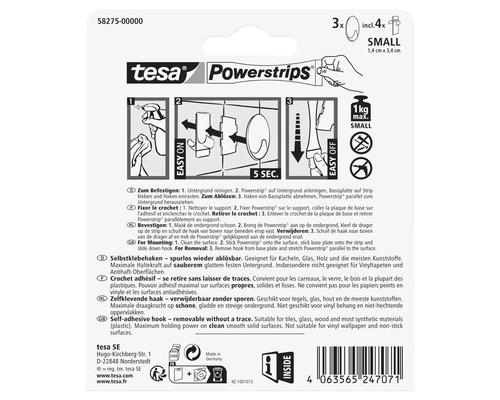 Tesa Powerstrips kleefhaken klein, set van 3 haken en 4 kleefstrips voor maximaal 1 kilogram draagvermogen, spoorloos verwijderbaar.