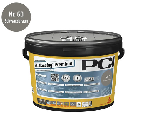 PCI Nanofug Premium flexibele voegmortel nummer 60 zwartbruin in emmer voor tegels en natuursteen.