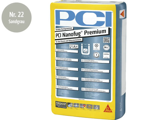 PCI Nanofug Premium flexibele voegmortel in zandgrijs voor tegels en natuursteen in zak van 15 kilogram met Sika Logo