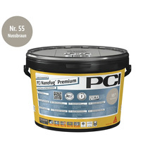 PCI Nanofug Premium flexibele voegmortel in nootbruin voor het voegen van tegels en natuursteen in een emmer.