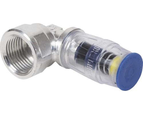 Haakse stopkraan met transparante filterbehuizing voor sanitaire installaties.