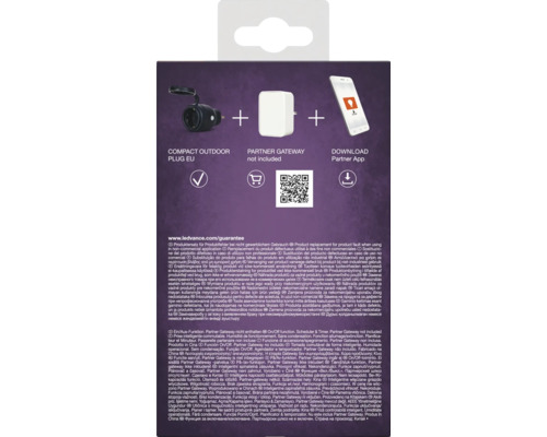 Productverpakking van een slimme buitenstekker met gateway indicatie en app download informatie.