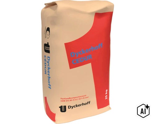 Dyckerhoff CEDUR Portlandcomposietcement CEM II/C-M 42,5 N, zak van 25 kilogram. (Image AI modified or generated)