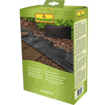 FloraSelf klimaat-onkruidfolie van 10 meter bij 0,9 meter voor onkruidbestrijding in de tuin in de productverpakking.