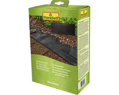 FloraSelf klimaat-onkruidfolie van 10 meter bij 0,9 meter voor onkruidbestrijding in de tuin in de productverpakking.