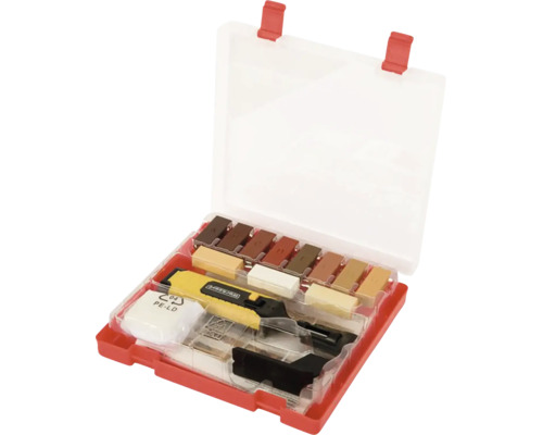 Reparatieset voor houten oppervlakken in kunststof koffer met wasstaven en schraper