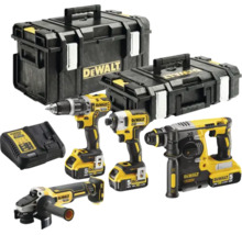 DeWalt accugereedschapset met boorschroefmachine, slagschroevendraaier, boorhamer, haakse slijper, oplader en twee gereedschapskoffers.