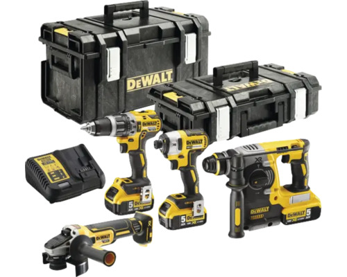 DeWalt accugereedschapset met boorschroefmachine, slagschroevendraaier, boorhamer, haakse slijper, oplader en twee gereedschapskoffers.