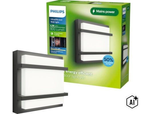 Philips Petronia led buitenwandlamp 4,3 watt 800 lumen in verpakking (Image AI modified or generated)