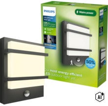 Philips LED buitenwandlamp Petronia met bewegingsmelder in vierkant design met 800 lumen en 4,3 watt in de verpakking (Image AI modified or generated)
