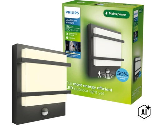 Philips LED buitenwandlamp Petronia met bewegingsmelder in vierkant design met 800 lumen en 4,3 watt in de verpakking (Image AI modified or generated)