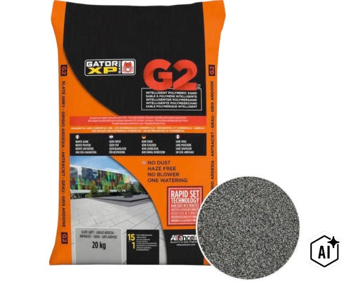 Gator XP G2 intelligente polymeerzand in leisteengrijs, zak van 20 kilogram voor bestratingsvoegen. (Image AI modified or generated)