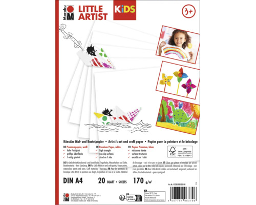 Marabu Little Artist tekenkarton DIN A4, 20 vellen, 170 gram per vierkante meter, wit tekenpapier voor kinderen, FSC gecertificeerd