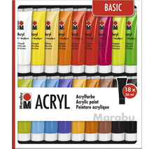 Set met 18 tubes Marabu acrylverf van elk 36 milliliter voor creatieve kunstprojecten en schilderwerk op diverse ondergronden.