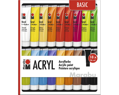 Set met 18 tubes Marabu acrylverf van elk 36 milliliter voor creatieve kunstprojecten en schilderwerk op diverse ondergronden.