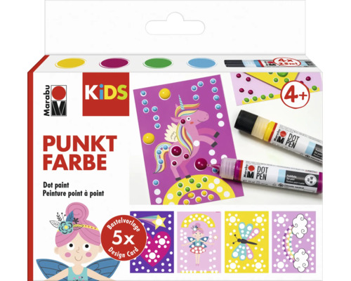 Marabu Kids stipverfset met 4 dot pens, 5 knutselkaarten en handleiding voor kinderen vanaf 4 jaar.