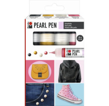 Marabu Pearl Pen set met vier parelverfstiften in tubes van 25 milliliter voor decoratieve toepassingen op textiel, accessoires en oppervlakken.