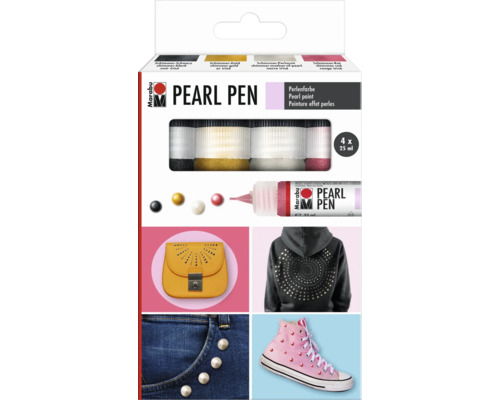 Marabu Pearl Pen set met vier parelverfstiften in tubes van 25 milliliter voor decoratieve toepassingen op textiel, accessoires en oppervlakken.