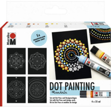 Marabu Dot Painting Mandala set met vier Dot Pens van 25 milliliter elk en vijf ontwerpkaarten voor het maken van puntpatronen.