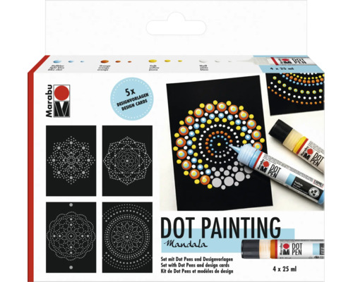 Marabu Dot Painting Mandala set met vier Dot Pens van 25 milliliter elk en vijf ontwerpkaarten voor het maken van puntpatronen.