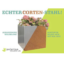 Vierkante plantenbak van cortenstaal van Palatino Exclusive Line, onbehandeld geleverd met roestoptiek die zich in de loop der tijd ontwikkelt.