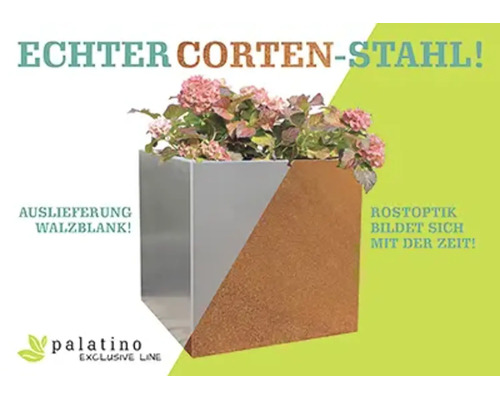 Vierkante plantenbak van cortenstaal van Palatino Exclusive Line, onbehandeld geleverd met roestoptiek die zich in de loop der tijd ontwikkelt.