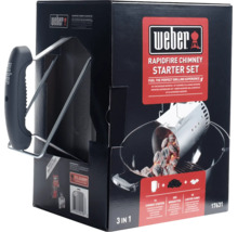 Weber Rapidfire brikettenstarterset inclusief brikettenstarter, twee kilogram briketten en drie aanmaakblokjes in de productverpakking.