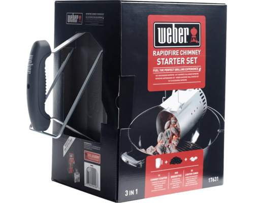 Weber Rapidfire brikettenstarterset inclusief brikettenstarter, twee kilogram briketten en drie aanmaakblokjes in de productverpakking.