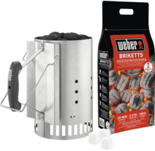 Weber brikettenstarter set met grillbriketten en aanmaakblokjes voor het snel en efficiënt aansteken van houtskool.