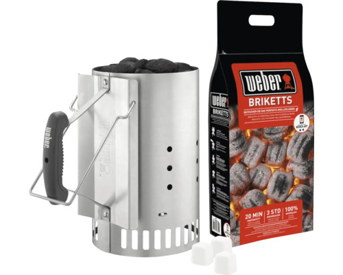 Weber brikettenstarter set met grillbriketten en aanmaakblokjes voor het snel en efficiënt aansteken van houtskool.