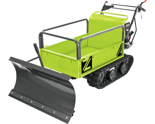 Rupsdumper met sneeuwschuif en motor voor het transporteren van lasten op oneffen terrein