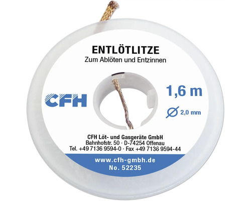 CFH soldeerlitze op rol, 2,0 millimeter diameter, 1,6 meter lengte, voor het desolderen en verwijderen van soldeer.