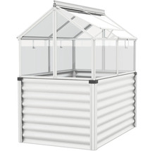 Verhoogde plantenbak met opzetbare broeikas van gegolfd metaal en transparante platen voor in de tuin.