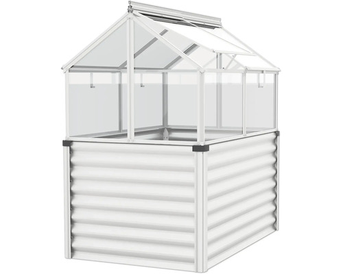 Verhoogde plantenbak met opzetbare broeikas van gegolfd metaal en transparante platen voor in de tuin.
