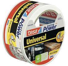 Een rol tesa extra Power Universal textielband in wit met 10 meter lengte en 50 millimeter breedte voor veelzijdige reparatiewerkzaamheden.