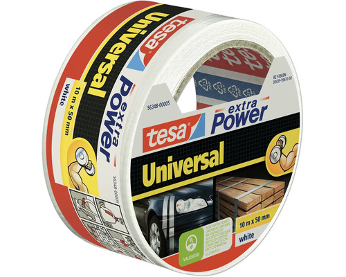 Een rol tesa extra Power Universal textielband in wit met 10 meter lengte en 50 millimeter breedte voor veelzijdige reparatiewerkzaamheden.