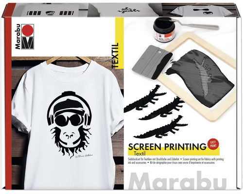 Marabu zeefdrukset voor textiel met inkt, houten raam, rakel en sjablonen voor het bedrukken van t-shirts.