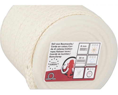 Katoenen touw met een diameter van 8 millimeter en een lengte van 20 meter, opgerold, met productinformatie en mammoet logo