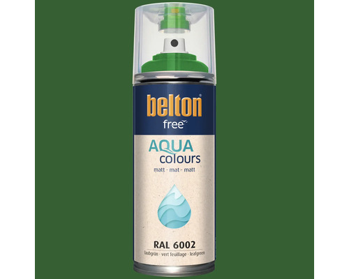 Belton free Aqua Colours spuitlak in bladgroen RAL 6002 met een matte afwerking.