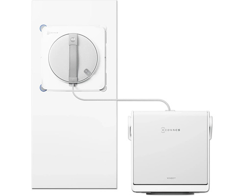 Ecovacs Winbot raamreinigingsrobot met reinigingsstation en verbindingskabel.
